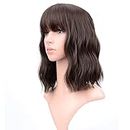 VCKOVCKO Short Bob Wigs Natural Black Wavy Wig With Air Bangs Women's Shoulder Length Wigs Curly Wavy Synthetic Cosplay Wig Pastel Bob Wig for Girl Colorful Wigs(12", Natural Brown)