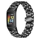 Compatible with Fitbit Charge 5 Bands Women Men,Daily Leisure Adjustable Stainless Steel Metals Bands For Charge 5 Smartwatch Replacement Wristband (Black)