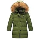 amropi Kids Girls Winter Puffer Jacket Padded Long Coat with Fur Hood (Green,12-13Years)