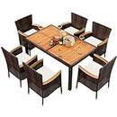 Shintenchi 7 Piece Patio Dining Set, Wicker Patio Conversation Set with Wooden Table Top, Outdoor Table and Chairs with Soft Cushions for Backyard, Deck and Garden, Brown Rattan