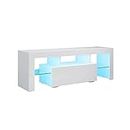 SONNI Mueble TV Blanco con Luz LED Ajustable de 12 Colores, Mesa TV Sálon Madera con Mando à Distancia 130 CM