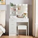 Vanitty Table with Mirror and Light, Vanity Set for Girls Women Teenager, Makeup Vanity Dressing Table with Storage Shelves, Drawers, White