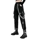 MEINVQIAOTI Black Cargo Pants for Women Techwear Women Loose Street Rock Style Casual Black Pants with Chain Goth Pants (as1, Alpha, m, Regular, Regular, Black)