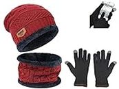 NESVIB Men's & Women's Winter Cap, Neck Warmer & Touch Screen Gloves Combo. Snow Proof,Inside Fur, Warm Woolen Cap with Muffler/Neck warmer & Mobile Smartphone Gloves for Winters - Free Size (Red)