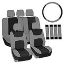 FH Group Universal Fit Gray Black Automotive Seat Covers Combo Set with Steering Wheel Cover and Seat Belt Pad fits Most Cars, SUVs, and Trucks (Airbag Compatible and Split Bench)