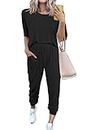 PRETTYGARDEN Women's Two Piece Outfit Short Sleeve Pullover with Drawstring Long Pants Tracksuit Jogger Set (A-black,Large)