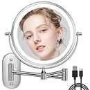 Auxmir Rechargeable Wall Mounted Lighted Makeup Mirror, 8" Double Sided 1X/10X Magnifying Vanity Mirror, 3 Color Lights Touch Dimmable Bathroom Cosmetic Mirror with 360° Swivel Extendable Arm, Chrome
