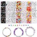 Simetufy 1400pcs Letter Beads for Bracelet Jewelry Making, 7 Style Colorful Round Alphabet Beads Number Beads Heart-Shaped Beads with 1 Roll Elastic String Cord, Beads Kit (7x4mm) for DIY Arts Crafts
