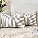 MIULEE Black and Beige Patchwork Farmhouse Pillow Covers 12x20 Inch, Pack of 2 Striped Linen Decorative Modern Accent Pillow Cases for Sofa Couch Bedroom