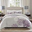 Comfort Spaces Enya Quilt Set - Casual Floral Print Channel Stitching Design, All Season, Lightweight Coverlet, Cozy Bedding, Matching Shams, Decorative Pillows, Full/Queen(90"x90"), Purple 3 Piece