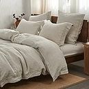 Simple&Opulence 100% Linen Duvet Cover Set with Embroidery Border Washed - 3 Pieces (1 Duvet Cover with 2 Pillow Shams) with Button Closure Soft Breathable Farmhouse - Linen, Queen Size