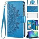 Asuwish Phone Case for Samsung Galaxy S10 Plus Wallet Flip Cover with Tempered Glass Screen Protector and Mandala Flower Card Holder Stand Cell S10+ S10plus 10S Edge S 10 10plus Women Girls Blue