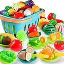 Cecliy 68 PCS Cutting Pretend Play Food Toys, Pretend Play Kitchen Accessories with Basket & Vegetable & Fruit, Educational Gifts for Boyst Girls on Holidays