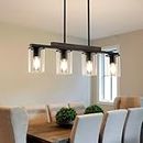 Mecgirn Kitchen Island Lighting, 4-Light Farmhouse Dining Room Light Fixtures, Linear Chandelier Pendant Lighting Over Table for Dining Table Living Room with Adjustable Rods, Black and Wood