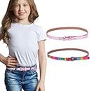 Amaxiu 2 Pack Thin Belt for Girls, Girl's Glitter Belt Cute Shiny PU Leather Belt Adjustable Rainbow Waist Belt for Jeans Dress
