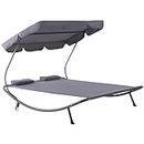Outsunny Double Chaise Outdoor Lounge Bed with Canopy and Headrest Pillow, Portable Patio Sunbed Hammock Lounger, Grey