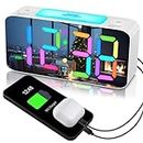 RGB Digital Mirror Alarm Clock, 15 Dynamic Color Modes & 7" Large LED Display,7-Color Night Light,2 USB Charger,Dual Alarm,4 Dimmable Levels,Battery Backup,Electric Plug in Clock for Kid,Adult,Elderly