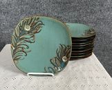 Pier 1 Imports Peacock Feather Stoneware Salad Plates 8 Inch Turquoise EUC