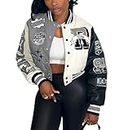 Glitrandi Varsity Jacket Women with Patches Print Cropped Bomber Leather Jacket Women 2024 S-XXL, A2-gray, L