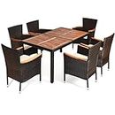 COSTWAY 7PCS/9PCS Garden Rattan Furniture Set, Patio Dining Table and Chairs Set with Acacia Wood Top, Stackable Chairs and Cushions, Outdoor Dining Wicker Conservatory Set for Balcony Lawn (7-Piece)