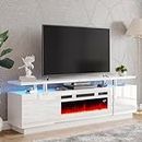 AMERLIFE Fireplace TV Stand with 36" White Fireplace, 70" Modern High Gloss Fireplace Entertainment Center LED Lights, 2 Tier TV Console Cabinet for TVs Up to 80", White & White