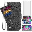Asuwish Compatible with Samsung Galaxy A40 Wallet Case and Tempered Glass Screen Protector Card Holder Stand Kickstand Cell Leather Flip Phone Cover for Glaxay A 40 Gaxaly 40A Women Men Girly Black