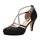 ERIJUNOR E0260D Women Comfort Low Heel Closed-Toe Ankle Strap Platform Satin Bridal Wedding Shoes Black Size 11