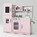 Kidoz Signature Kids Wooden Kitchen, Large Pretend Role Play Kitchen With Realistic Oven, Microwave and Sink With Taps, Kitchen Playset With Sounds And Lights For Kids (Pink Kitchen With Utensils)