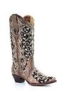 Corral Women's Black Inlay Floral Embroidery Studs Leather Cowgirl Boots - Brown