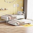 Oudiec Twin Size Daybed with Trundle for Kids/Teen/Adult Bedroom, Metal Bed Frame w/Guardrail, Easy to Assemble, No Box Spring Needed, White