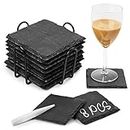 ARILEO Black Slate Drink Coasters with Holder, 8 Pack Square Coaster Set with Chalk to Customize for Home Kitchen Bar, Rustic Blanks