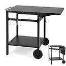 GiantexUK Grill Dining Cart, Outdoor Movable BBQ Trolley with Foldable Countertop, Wheels, Double Shelves, Handle & 5 Hooks, Food Prep Pizza Oven Table Serving Cart for Garden Backyard Patio Kitchen