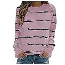 JISDFKFL Sweatshirts for Women Uk, Sweater for Women Long Sleeve Round-Neck Drop Shoulder Blouses Tops Leisure Stripe Printed Loose Fit Baggy Pullover Ladies Fall Basic Jumper Pink