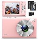 Digital Camera, Autofocus Compact Camera HD 2.7K 48MP with 2.8" Large Screen, 16X Digital Zoom, Portable Mini Camera for Photography, YouTube Vlogging Camera for Kids,Adult,Beginners（Pink）