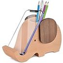 AhfuLife Wooden Elephant Cell Phone Holder/Stand with Pen&Pencil Holder/Pot, Desk Decoration Multi-functional Supplies Stationery Organizer, Birthday Graduation Gift