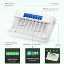 AA AAA Battery Charger Rechargeable Batteries NiMH 8 Bay LCD Ni-MH Charging