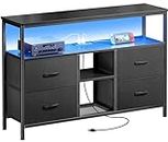 Huuger TV Stand Dresser with Power Outlets and LED Lights, 4 Drawers Entertainment Center with Open Shelf, Media Console for 50 43 Inch TV, Dresser with PU Finish, Black
