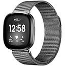 JKD Compatible with Fitbit Sense Versa 4 Sense 2 and Versa 3 Bands for Men Women, Stainless Steel Breathable Mesh Metal Smartwatch Band Replacement Accessories Bracelet Strap with Magnet, Large Black