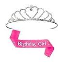 Decofy Birthday Girl Sash And Crown For Girls & Women - Set of 3 (With Pin) Sash And Tiara | Heart Crown For Birthday Girl | Pink Birthday Sash For Girls | Birthday Crown For Girls