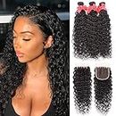 8A Water Wave Bundles with Closure (16 18 20 +14) Wet and Wavy Brazilian Virgin Human Hair 3 Bundles with 4x4 Lace Closure with Baby Hair Free Part 1B Curly Wave Human Hair Extensions