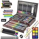 Sunnyglade 145 Piece Deluxe Art Set, Wooden Art Box & Drawing Kit with Crayons, Oil Pastels, Colored Pencils, Watercolor Cakes, Sketch Pencils, Paint Brush, Sharpener, Eraser, Color Chart
