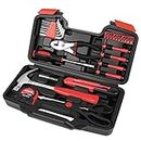 Flexzion Tool Set Box - Hand Tool Kit & Accessories for General Household DIY Home Repair with Plastic Toolbox Storage Organizer Case - Homeowner's Tool Kit (Red & Black)