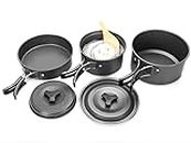 Cluemart Camping Cookware Set Outdoor Portable Oxidized Aluminum Alloy Camping Fishing Picnic Barbecue Cooking Set Backpacking Pans Pot Mess Kit Cooking Equipment Cookset Tableware (Black, 3 Person)