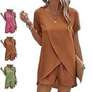YOHFRFGX Keppal Womens Clothing 2piece Sets, New 2024 Keppal Womens Clothing 2piece Sets, Solid Color Irregular Top Shorts Suit (Tangerine,L)