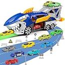 Aoskie Shark Transporter Car Toys, Truck Cars for 3,4,5 Year Old Boys with 8 Mini Cars, 2 Tracks, 1 Road Sign Kit, Car Transporter Toy Gifts for 3 year olds Boys