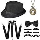 Jzszera 1920s Men Accessories Set of Panama Fedora Hats Y Back Adjustable Suspenders Bow Tie Moustaches and Pocket Watch for 20s Fancy Dress
