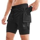 BROKIG Men's 2 in 1 Running Shorts, Quick Dry Sport Shorts Workout Fitness Gym Shorts Men with Zip Pockets(Black,Small)