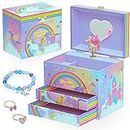 Style Girlz Musical Jewellery Box - Unicorn Jewellery Box For Girls - Large Kids Jewellery Music Box With 2 Pullout Drawers - Includes Unicorn Jewellery Bracelet & Rings - Birthday Gifts For Girls