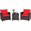 3PCS Patio Rattan Furniture Set Cushioned Conversation Set Sofa Coffee Table Red