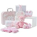 New Baby Party Gift Basket in Pink - with Fleece, Hooded Towel, Baby Clothes, 2 Mull Cloths and Cute Teddy Bear - Baptism Gifts for Girl or Boy